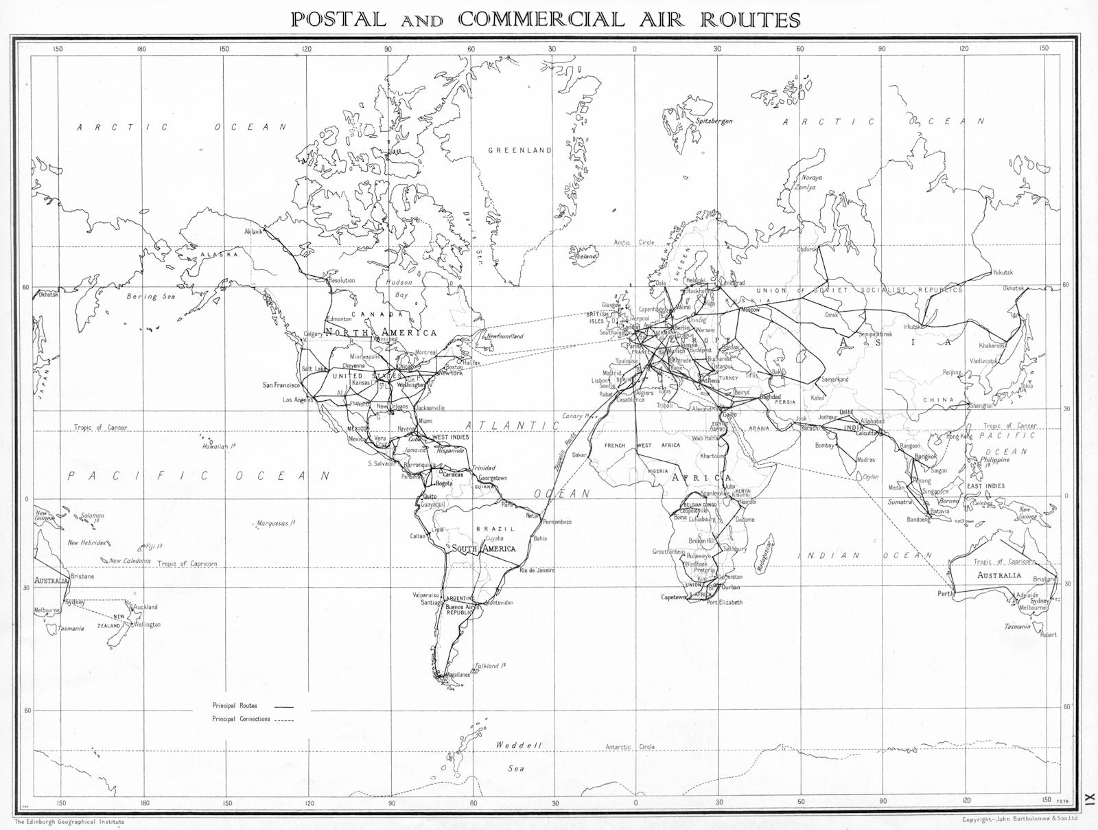 WORLD. Postal and commercial Air routes 1938 old vintage map plan chart